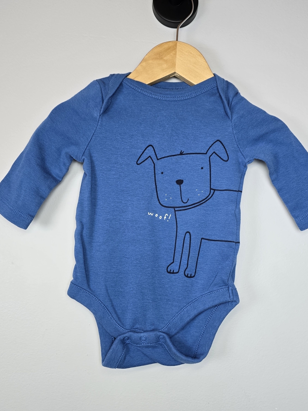GAP Blue Long-Sleeve Baby Onesie with Playful Dog Graphic Cotton EUC